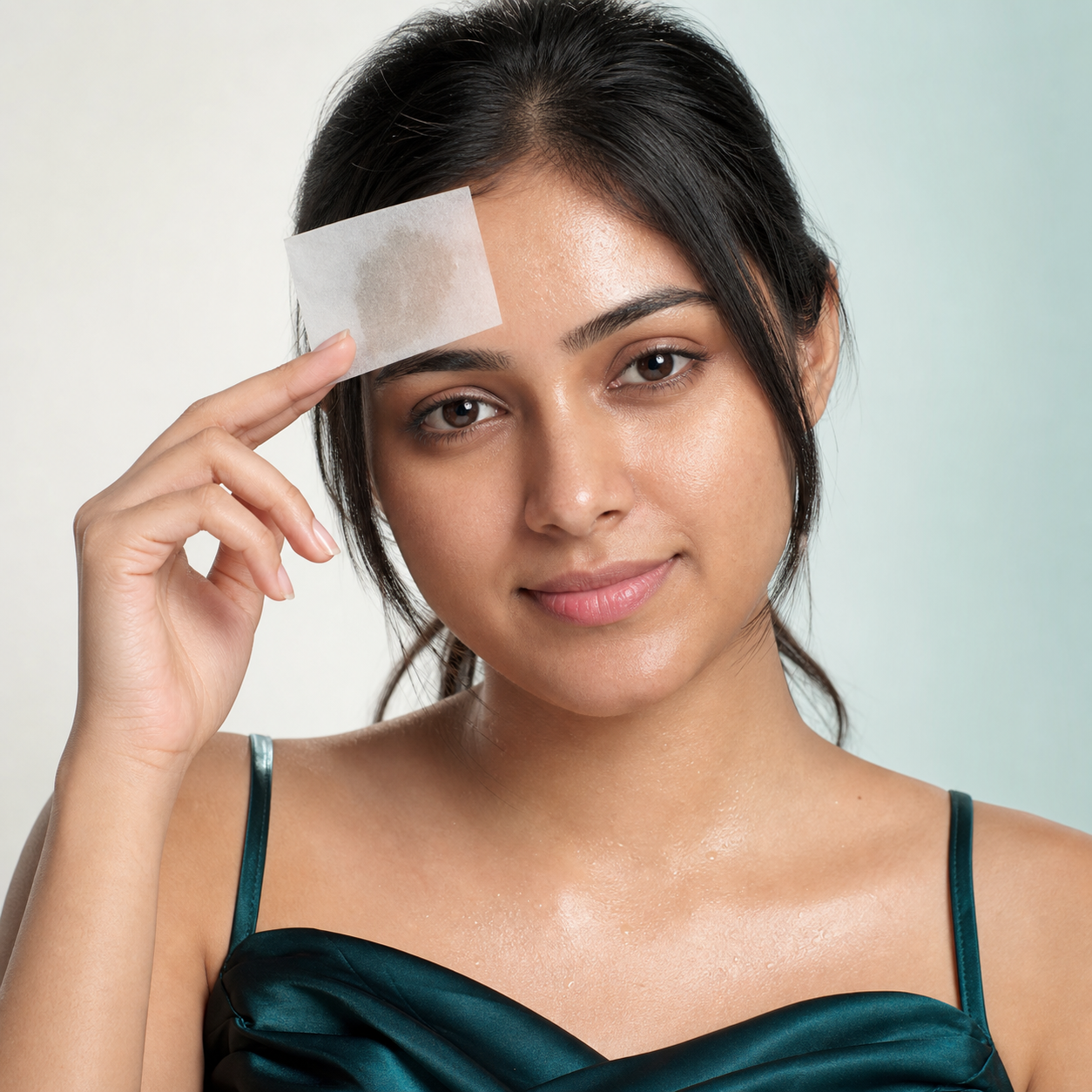 South Asian woman using a facial blotting sheet for oily skin care